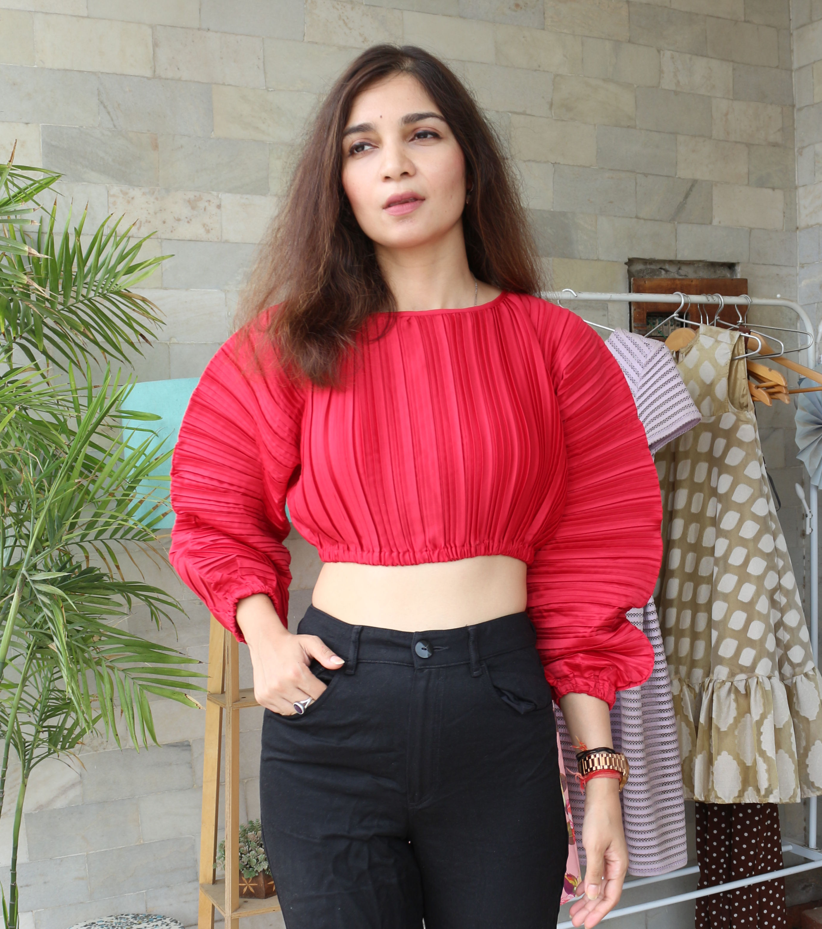 Red Puff Sleeves Blouson Top