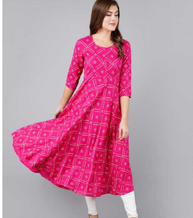 Anuttara Fashions  Women Printed Rayon Flared Kurta  (Pink)