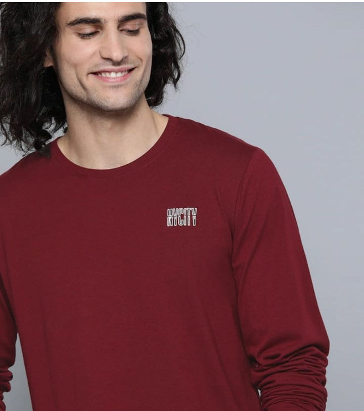HERE&NOW Men Maroon Pure Cotton Solid Round Neck T-shirt