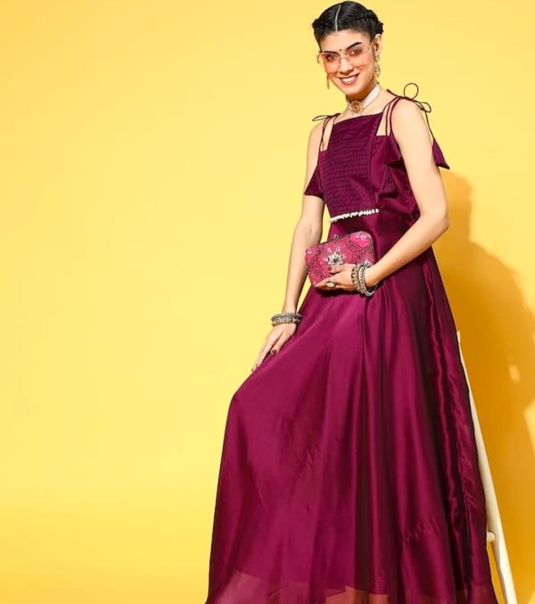 Inddus Women Burgundy Tie-Up Neck Ethnic Maxi Dress