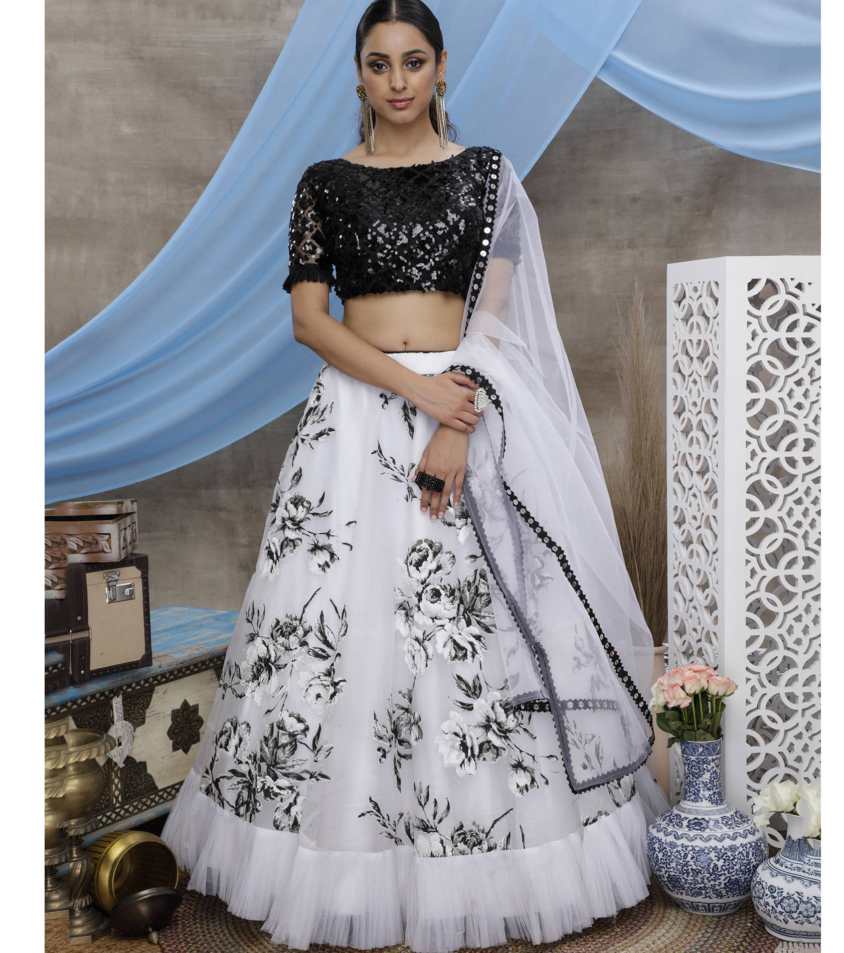 6Y COLLECTIVE Pink & White Embellished Sequinned Semi-Stitched Lehenga &  Unstitched Blouse With Dupatta