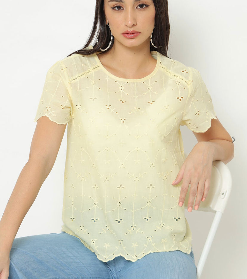 Yellow Embroidered Cut Sleeve Top